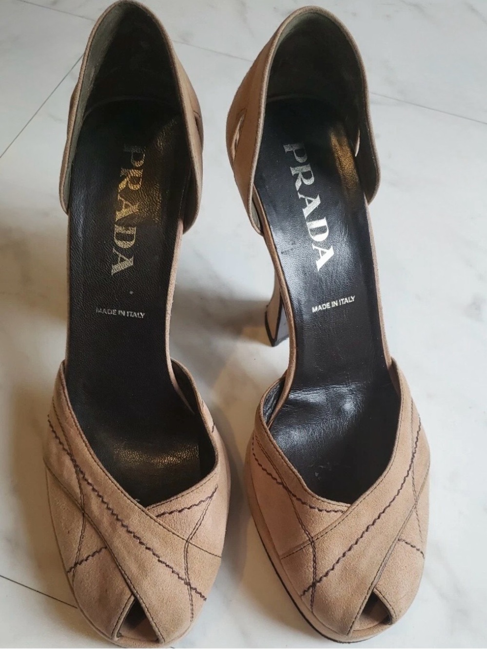 🆕 DS Prada Nude Suede Heels brown stitching peep toe size  37.5 Italy